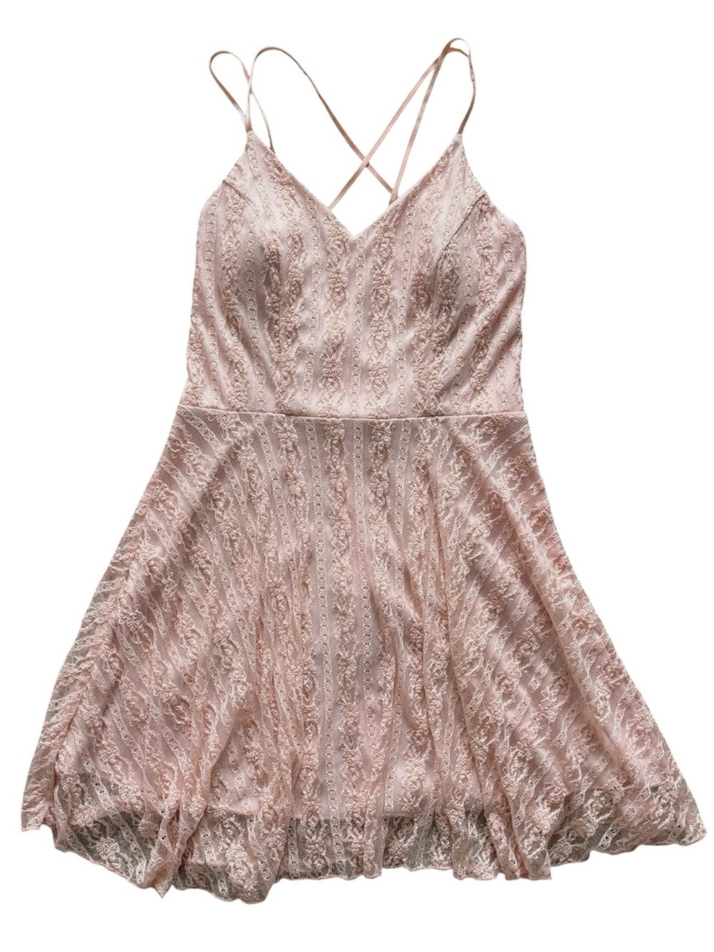 La Belle Fille Pink Lace Dress L Large Strappy Cross Back Skater Mini Homecoming